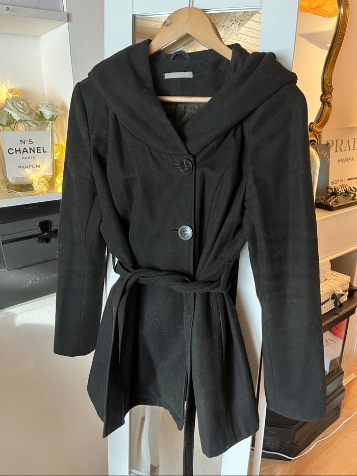 Manteau mi long noir capuche XXL T38 3Suisses TBE 🧥