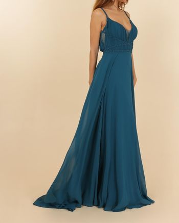 robe cérémonie empire buste perlées bleu pétrole taille 38