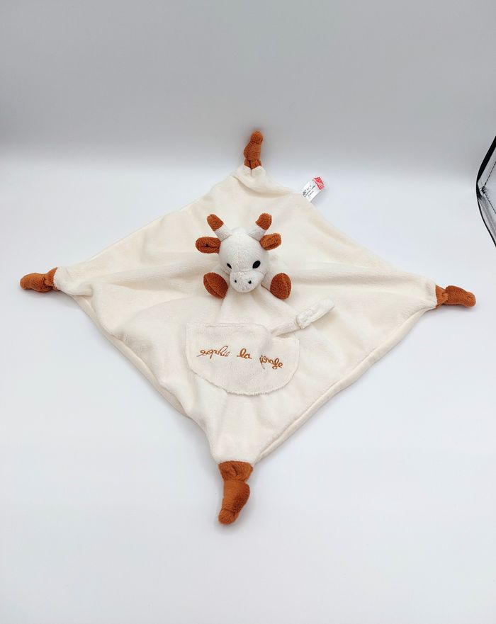 Doudou plat Sophie la girafe VULLI attache tétine écru marron envers tissu comme neuf