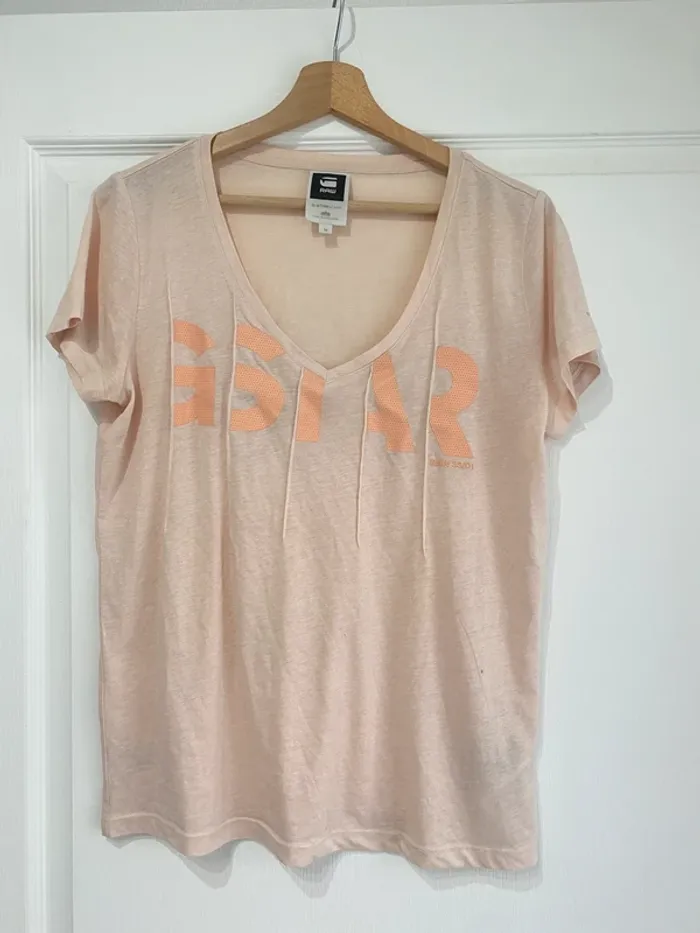 T shirt femme G Star rose clair pâle col V taille M - photo numéro 2