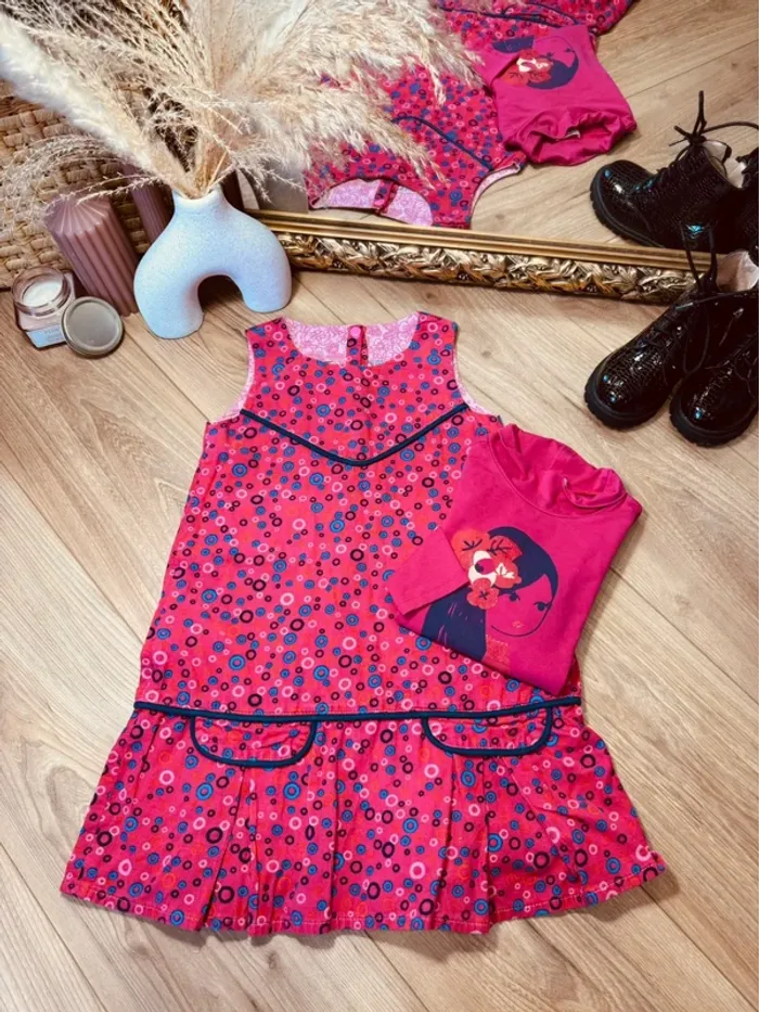 Taille 5 ans robe et sous pull fille DPAM rose fuchsia * velours * đź©·