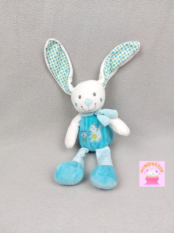 Doudou peluche lapin bleu blanc MOTS D'ENFANTS écharpe chouette écureuil