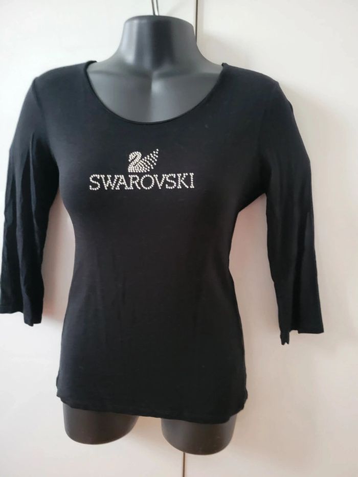 Tee shirt noir Swarovski cristaux cristal strass taille S 36 noir manches 3/4 vintage coquette