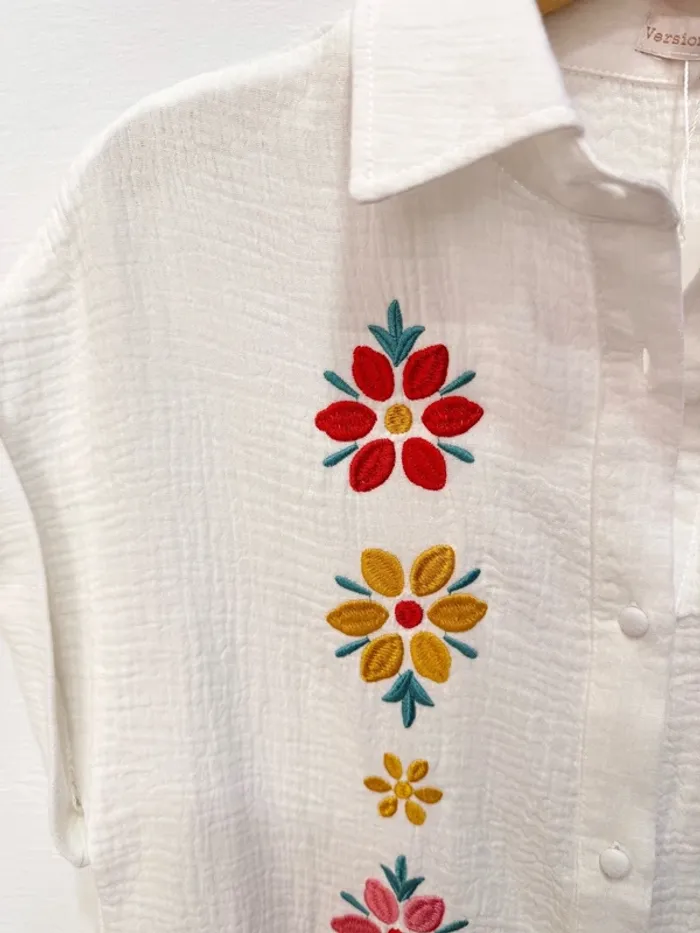 Chemise blouse blanche fleurs broderie coton - photo numéro 2