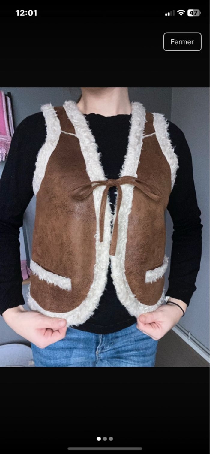 Gilet sans manche fourre marron taille s - photo numéro 2