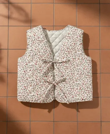 Gilet sans manches matelassé fleuri, liens à nouer, taille M, style bohème rétro chic