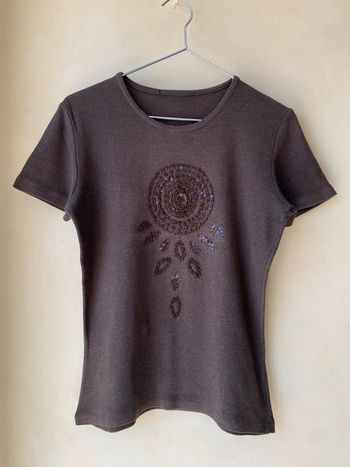 T-shirt marron brodé de perles vintage M