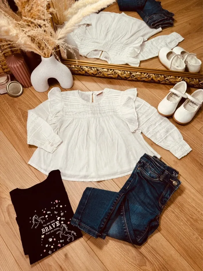 Taille 4 ans tenue 3 pièces fille TAO Kiabi blanc bleu * fils doré * 🌷