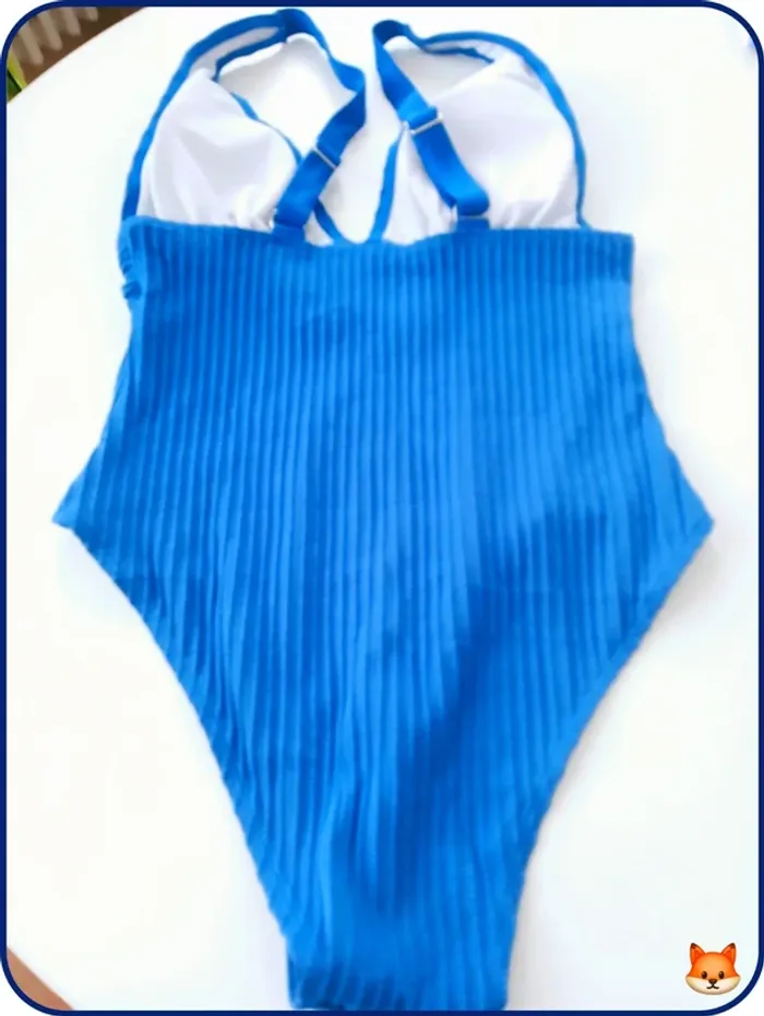 Maillot de bain une pièce bleu côtelé push-up – Dos nu ajustable - photo numéro 4