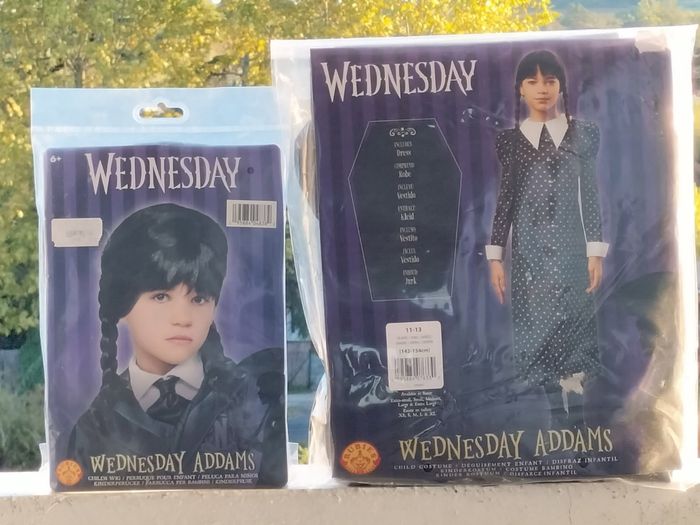Déguisement famille Addams mercredi 11/13 ans et perruque