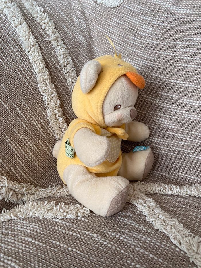 Peluche doudou 20cm fisher price ours jaune et beige à capuche carreau très bon état - photo numéro 2