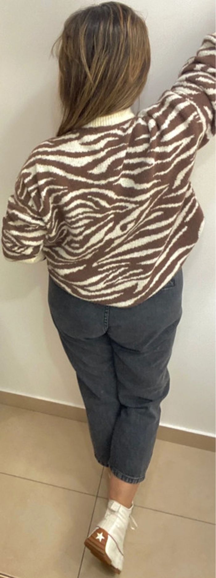 Superbe Pull Oversize Zebré Crème Et Marron Taille Unique - photo numéro 8