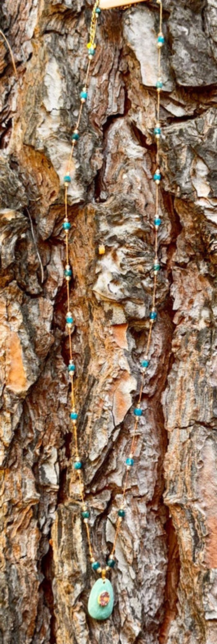 Sautoir fils tissés mordoré ´s psy’ed naturelle pendentif jade vert rose Habaha Paris - photo numéro 6