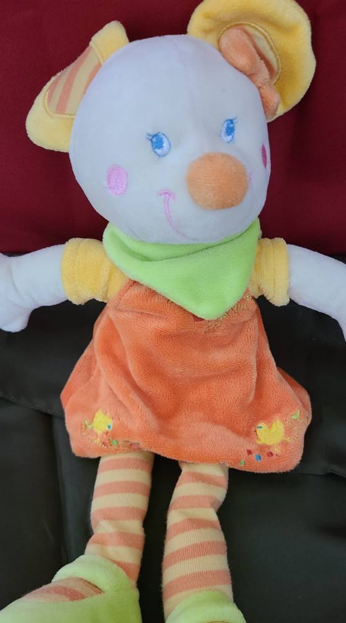 DOUDOU PELUCHE MOTS D'ENFANTS SOURIS ROBE ORANGE JAUNE FOULARD VERT - photo numéro 3