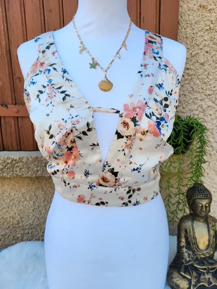 Top bandeau satiné fleuri ivoire multicolore shein taille 52