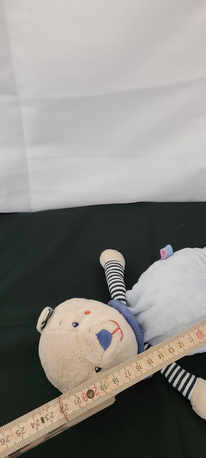 Doudou Ours bleu beige et rayé blanc SUCRE D’ORGE - photo numéro 3