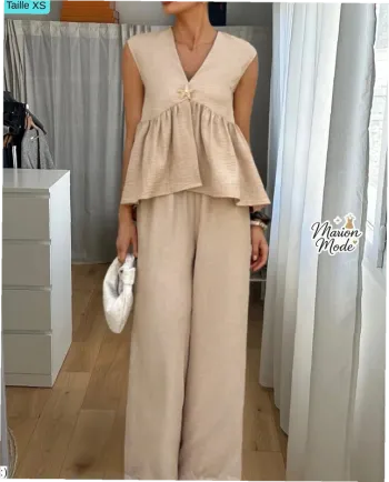 Ensemble Femme Deux Pièces Beige - Haut Sans Manches Pantalon Large - Taille XS Neuf Jamais Porté
