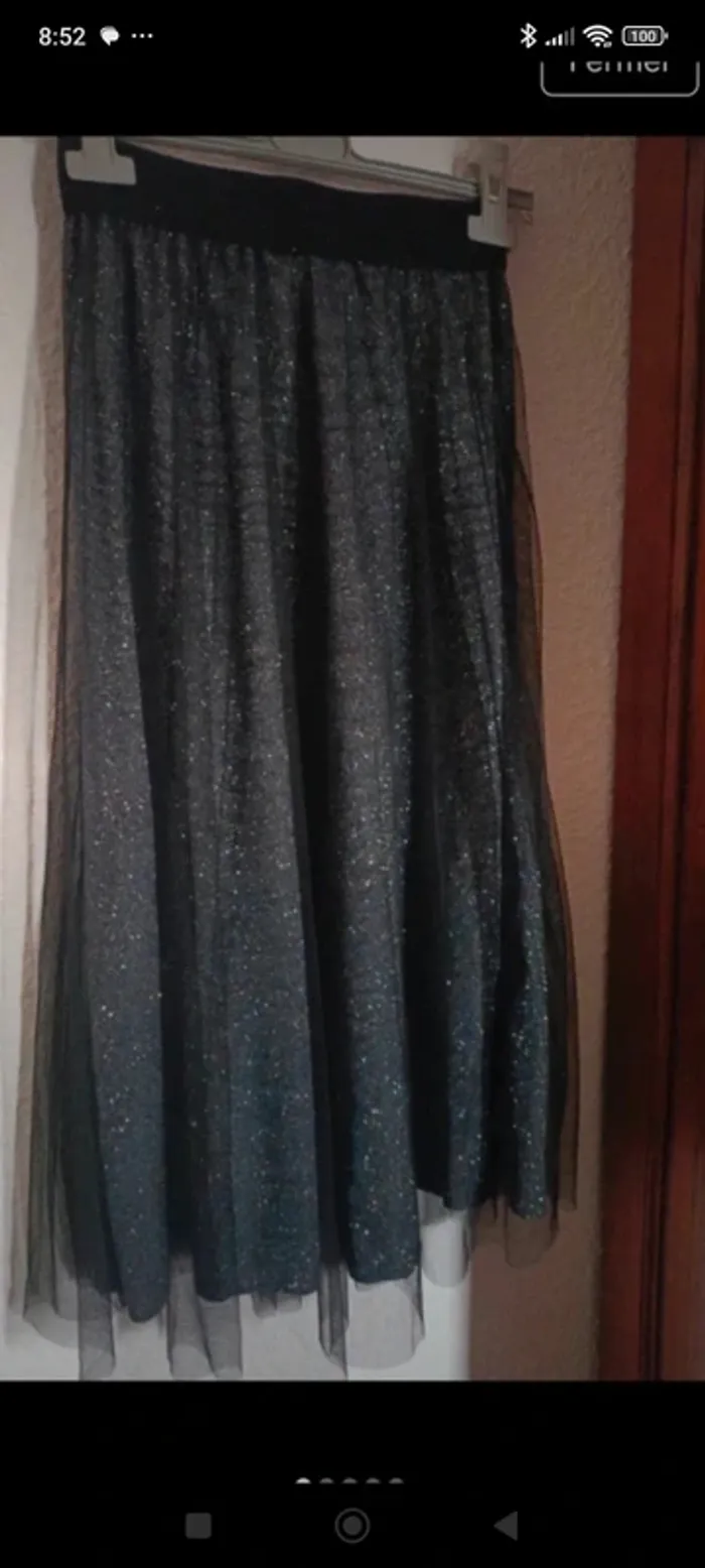 Jupe longue paillettes noir reflet bleu