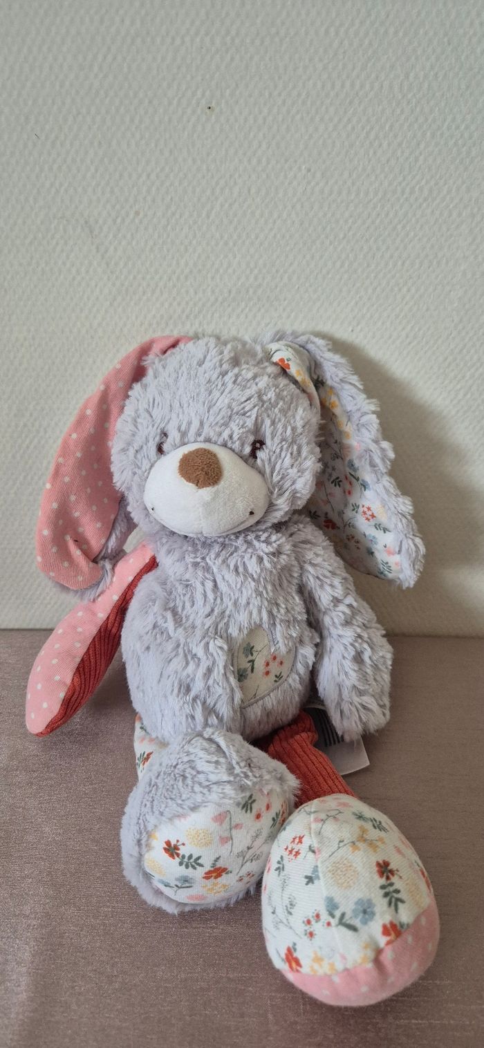 DOUDOU LAPIN GRIS ROSE BLANC FLEURS POIS - photo numéro 2