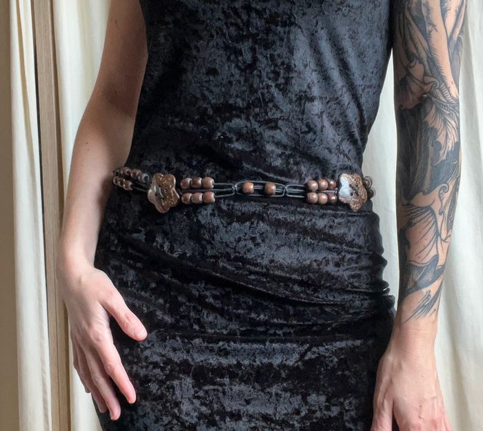 Ceinture de taille lanières cuir perles bois vintage boho witchy - photo numéro 6