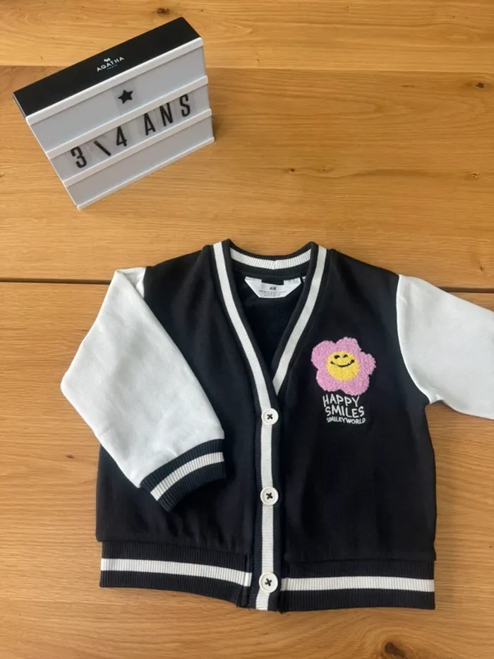 Bombers/gilet blanc et noir/gris avec fleur violette - Taille 3/4 Ans