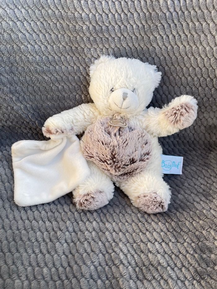 Doudou Peluche pantins ours gris et blanc avec mouchoir BN664 BabyNat' Baby Nat'