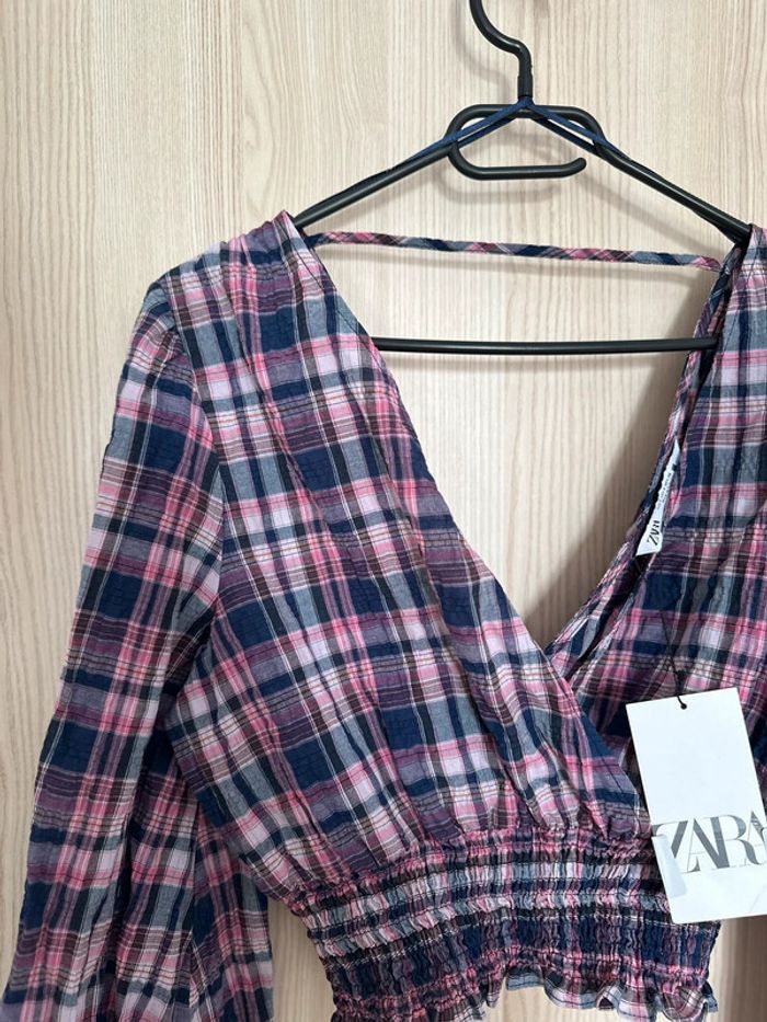 Blouse courte manches longues marine rose taille S ZARA - photo numéro 2