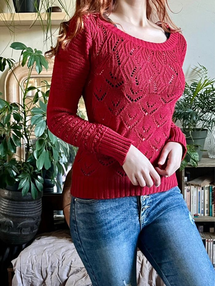 Haut manches longues type dentelle - rouge foncé - photo numéro 5