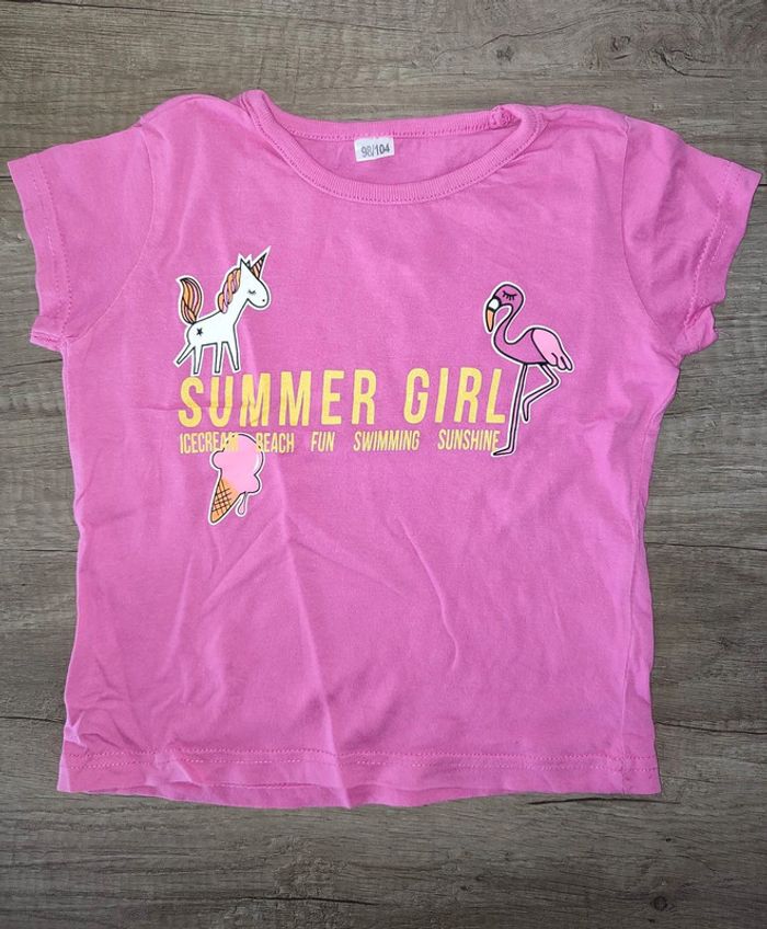 T Shirt été manches courtes rose avec licorne et flamand rose 98/104 3 ans
