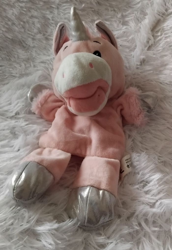 Doudou marionnette licorne rose et argenter- Goffa