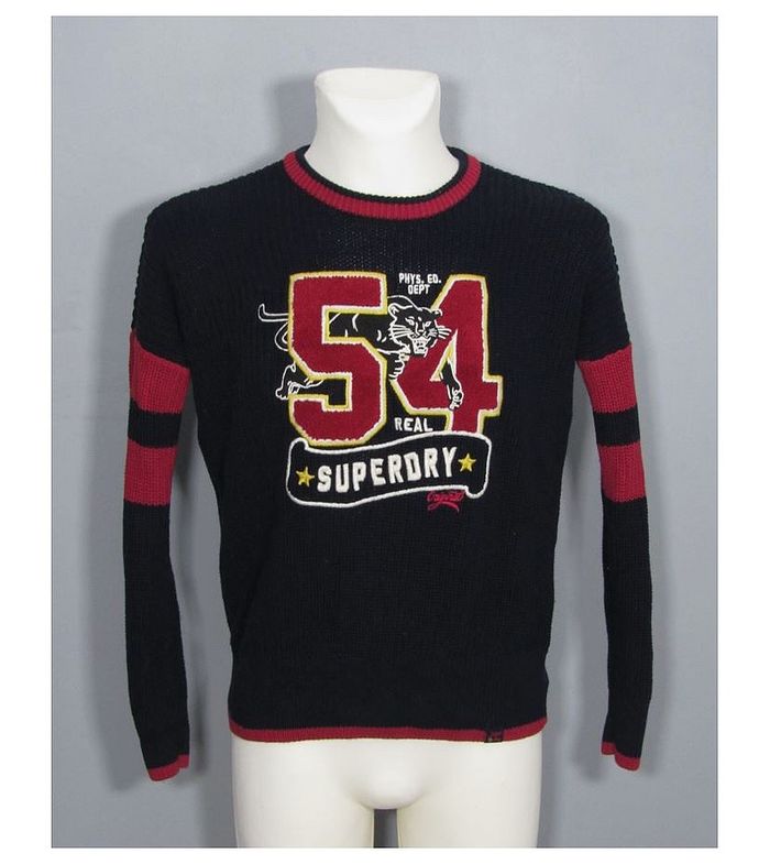 Pull superdry bleu foncé et rouge, taille S adulte mixte.
