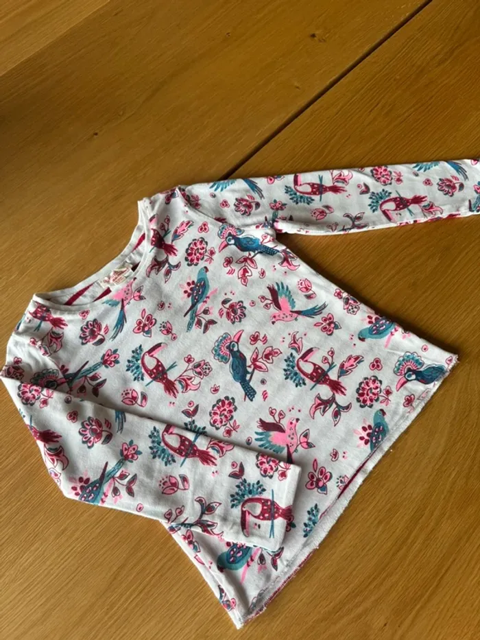 Teeshirt ML réversible un côté fond blanc oiseaux et fleurs, l’autre marinière - Taille 4 Ans - photo numéro 3
