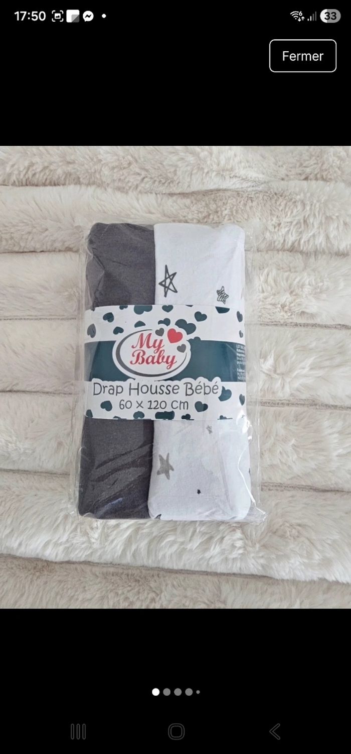 Lot de 2 draps housses 60×120 cm Neufs