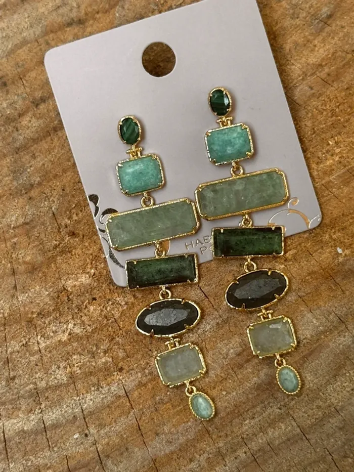 Grande boucles d’oreilles habaha paris acier inoxydable or malachite amazonite jade vert véritables