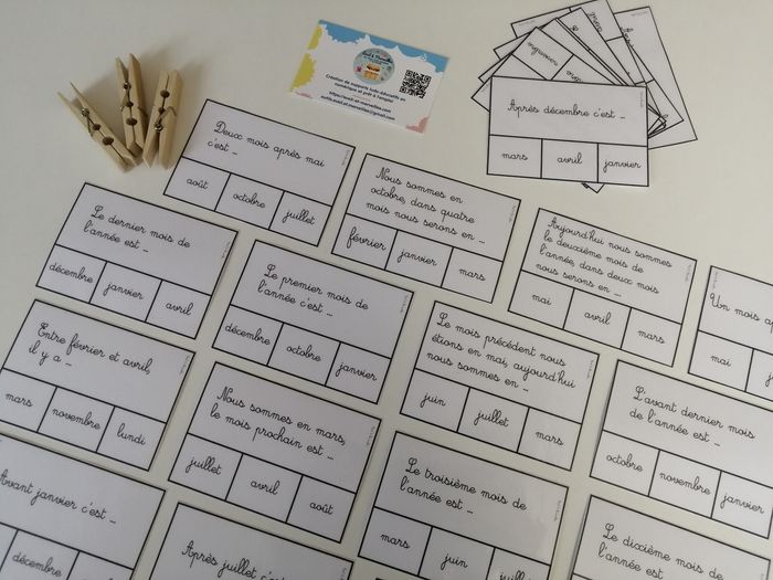 Cartes à pinces je me repère dans l'année + 6 pinces en bois