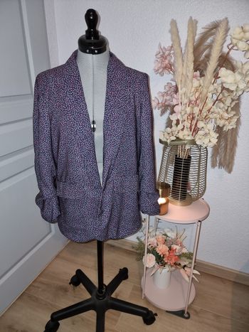 Veste blazer a micro-motifs bleu et rose- Manches froncées