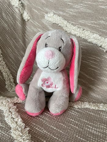 Peluche Doudou 18cm Arthur et Lola chien gris blanc et rose fleur très bon état