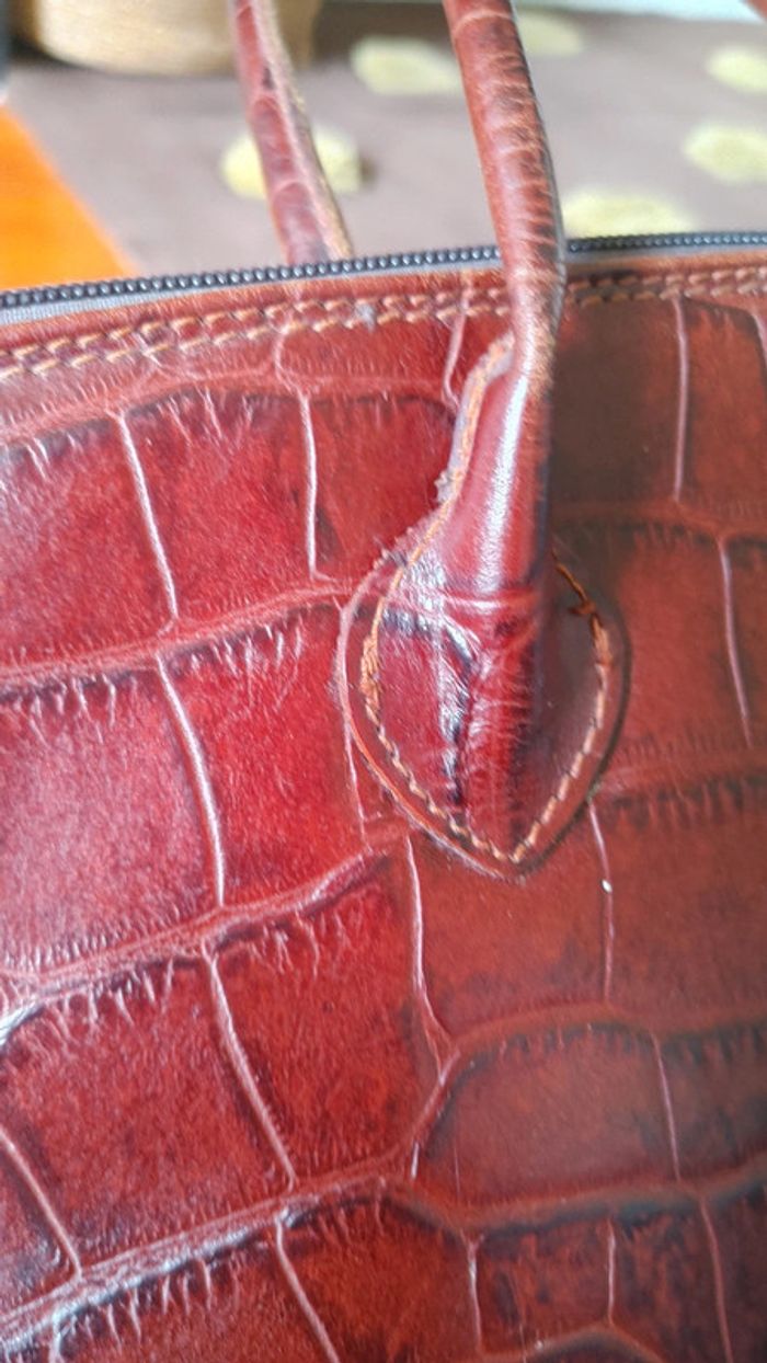 Sac à main en cuir véritable vintage motif exotique crocodile marron tirant sur le rouge - photo numéro 8