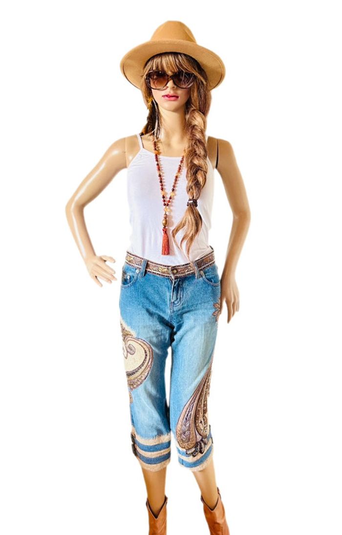 🤎🌿Jean court vintage folk hippie boho 70´s style floral paisley cropped jeans🌿🤎 - photo numéro 7