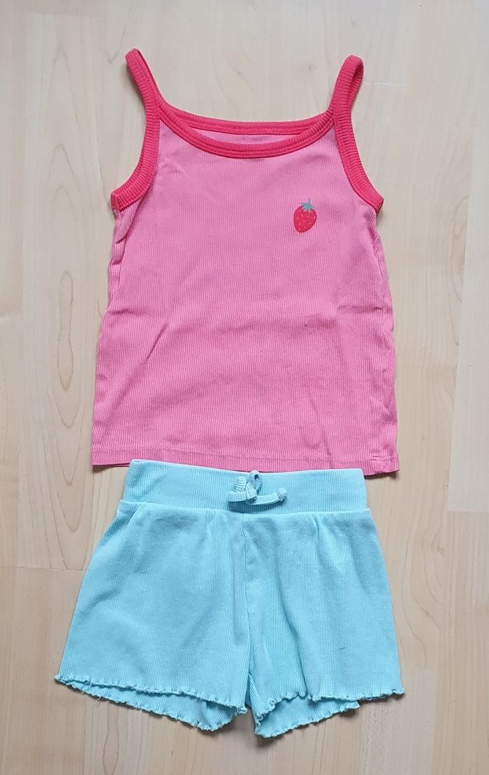 Débardeur côtelé rose, à fines bretelles + Short côtelé turquoise (4 ans) / Marques diverses