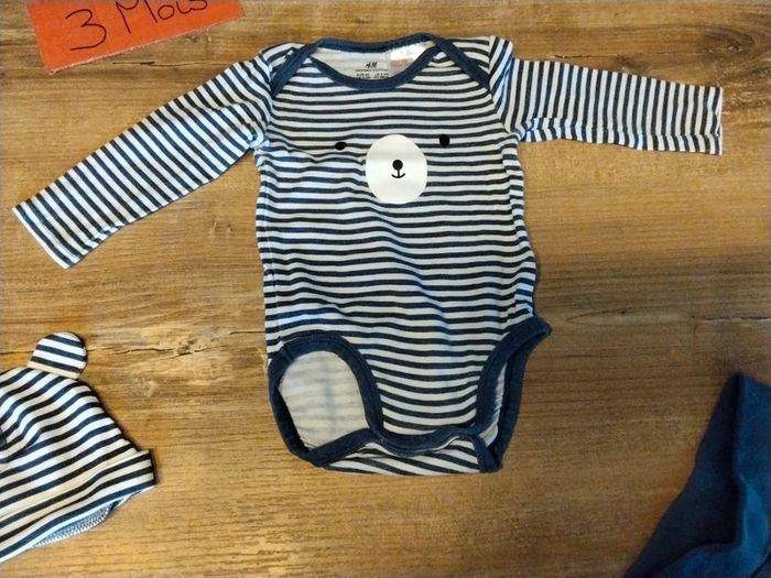 Ensemble body a rayures pantalon et bonnet bébé garçon 3 mois - photo numéro 3