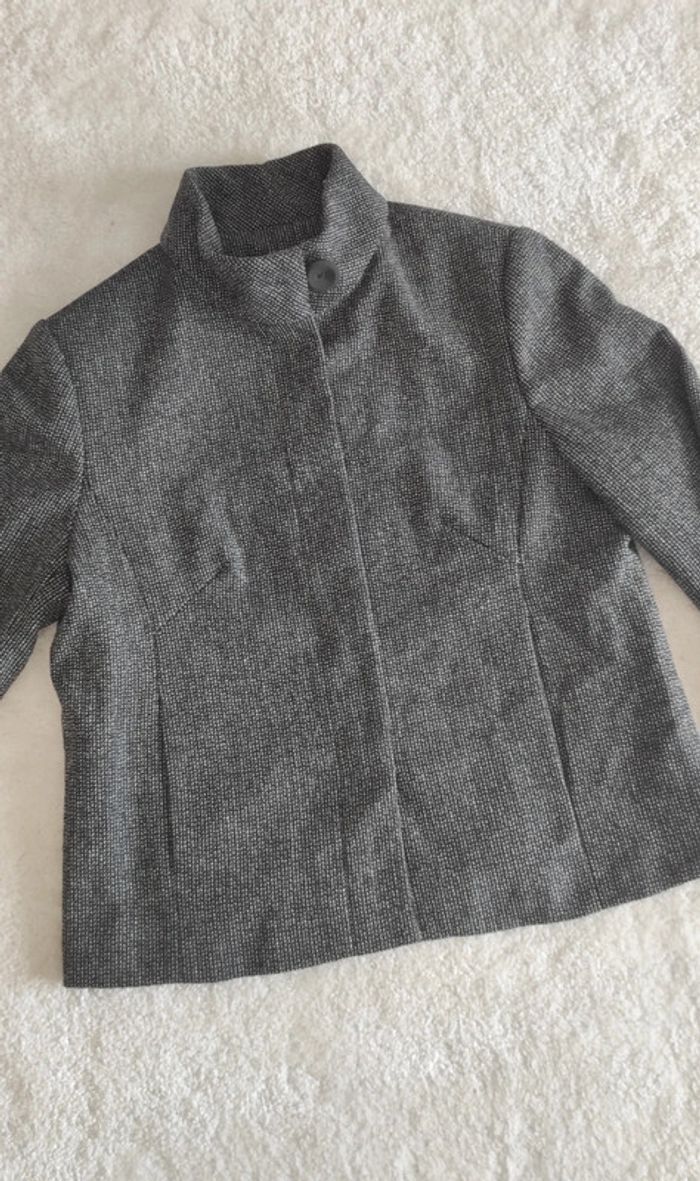 Veste cardigan caban court Caroll 40 gris noir blanc en laine col montant gros bouton, classe - photo numéro 7