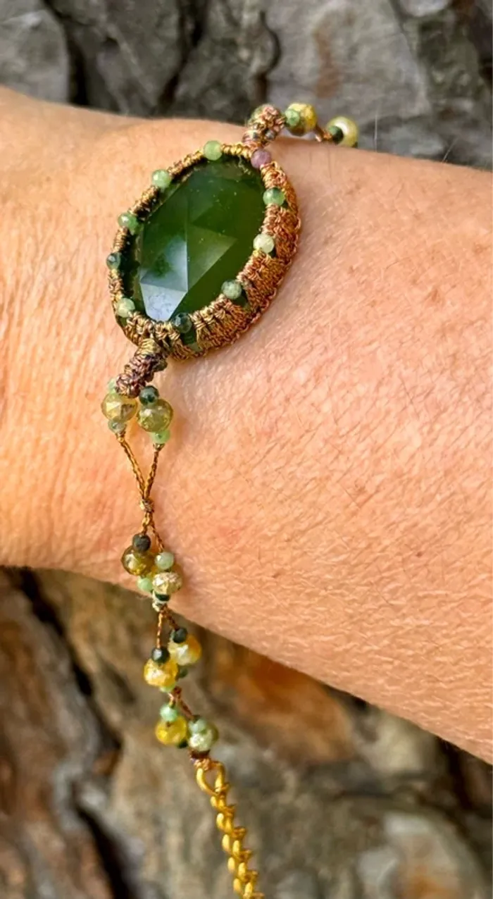 Bracelet bracelet cordons et fils tissés malachite jade et gros pavé perles d’eaux vert habaha Paris - photo numéro 4