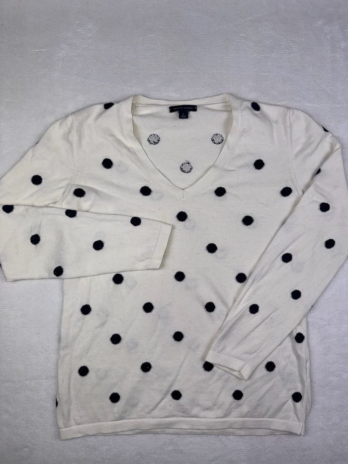 Pull / Sweat Tommy Hilfiger femme taille M col V manches longues blanc à pois noir 100% coton #02325 - photo numéro 2