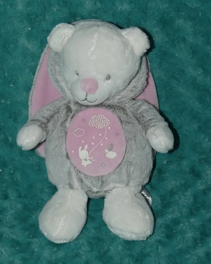 Doudou ours déguisé lapin Mots d'enfants rose gris 🐰 tbe