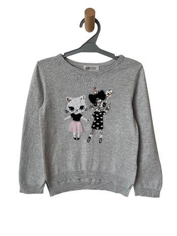 Pull fin gris (lapin et chat en sequins) - H&M 110/116 cm (4-6 ans)