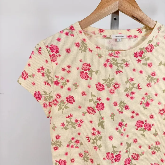 T-shirt fleuri River Island T40 motif roses rose et vert 100 % coton style vintage été A1267 - photo numéro 4