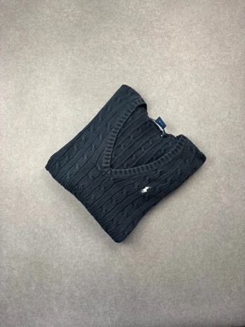 Pull d’hiver torsadé en maille Ralph Lauren noir logo blanc col V taille L femme