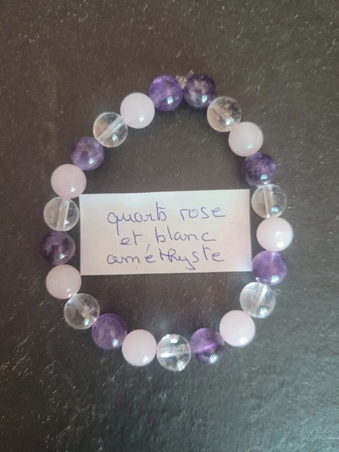 Bracelet en quartz rose, blanc et améthyste 8 mm
