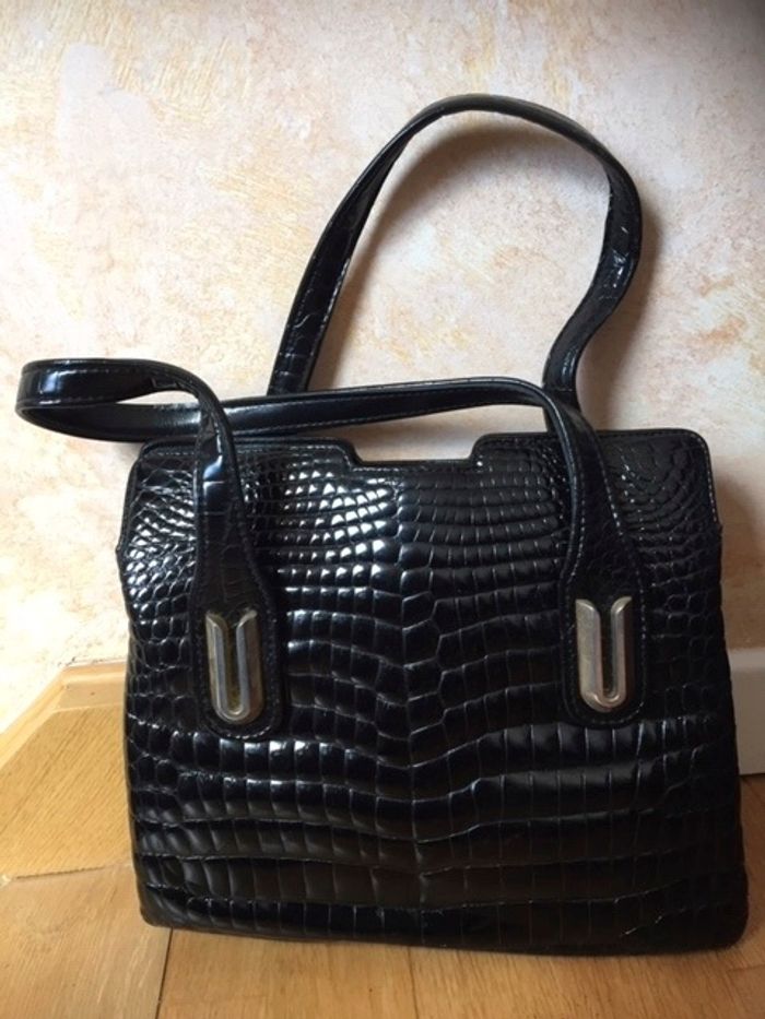 Sac à main Vintage "imitation croco" noir verni